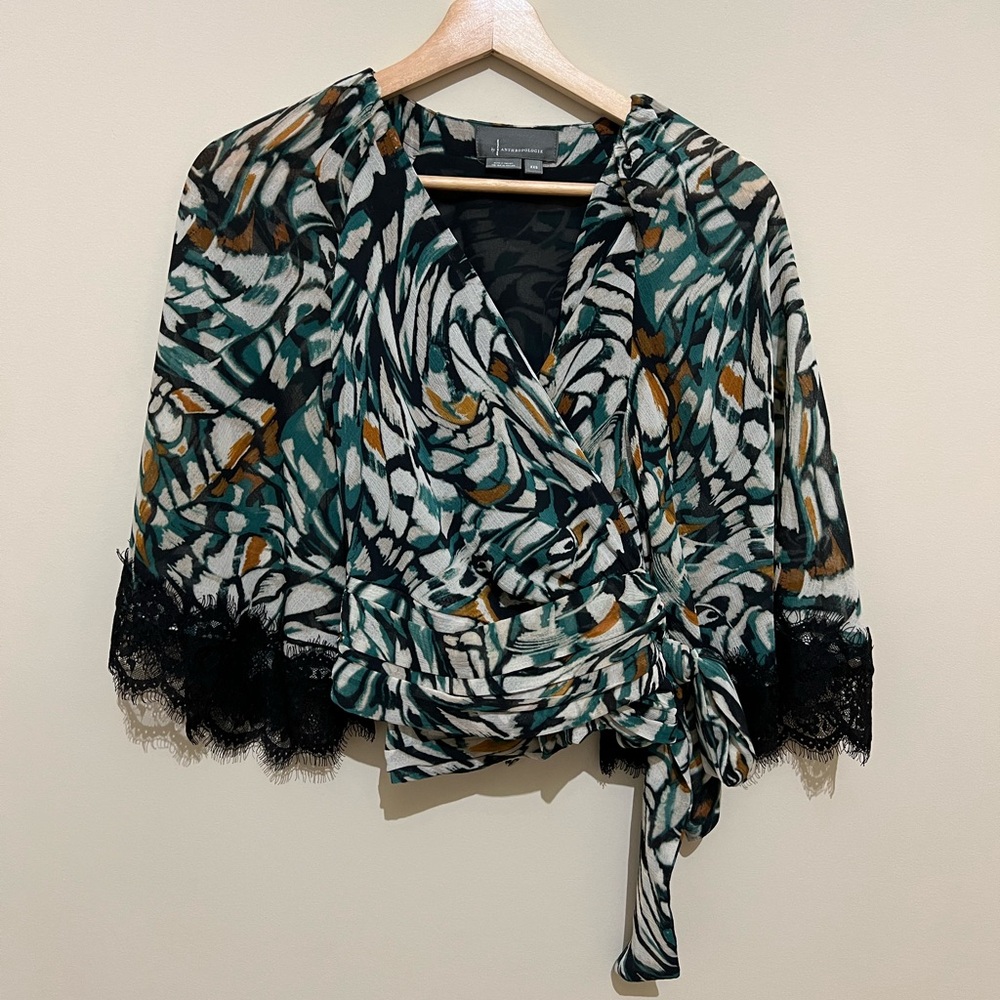 Anthropologie Flowy Wrap Top with Black Lace Sleeve Detail
